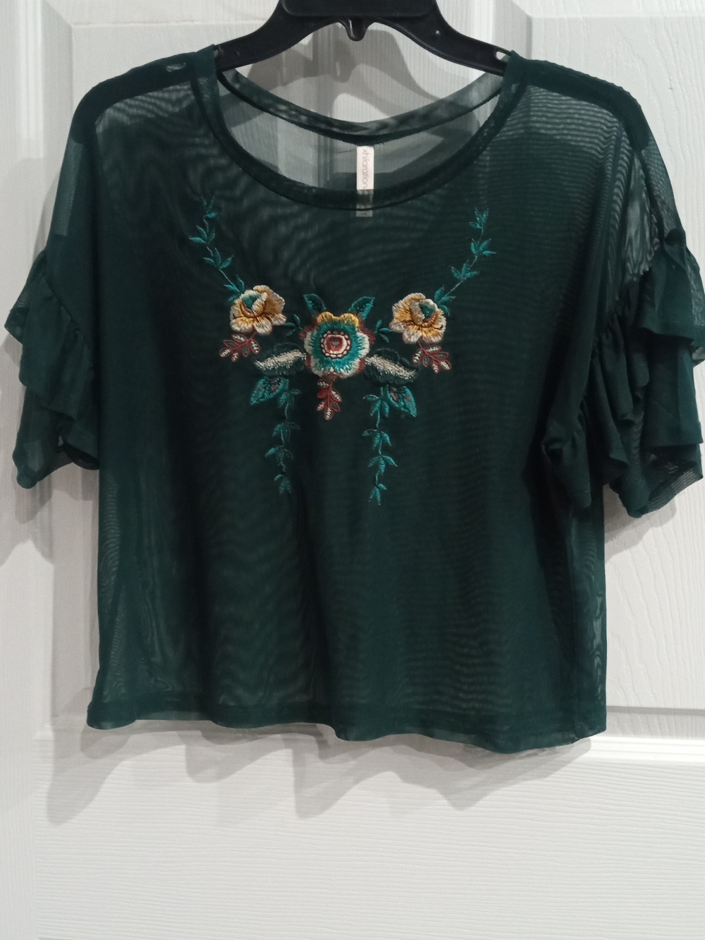 Xhilaration Dark Green Sheer Floral Embroidered Crop Top